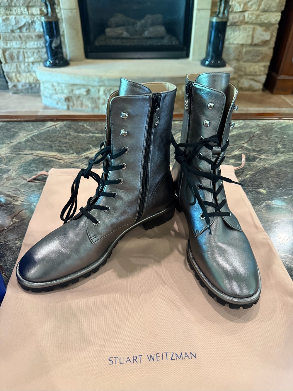 Stuart Weitzman Metallic Gunmetal Lace-Up Combat Boots